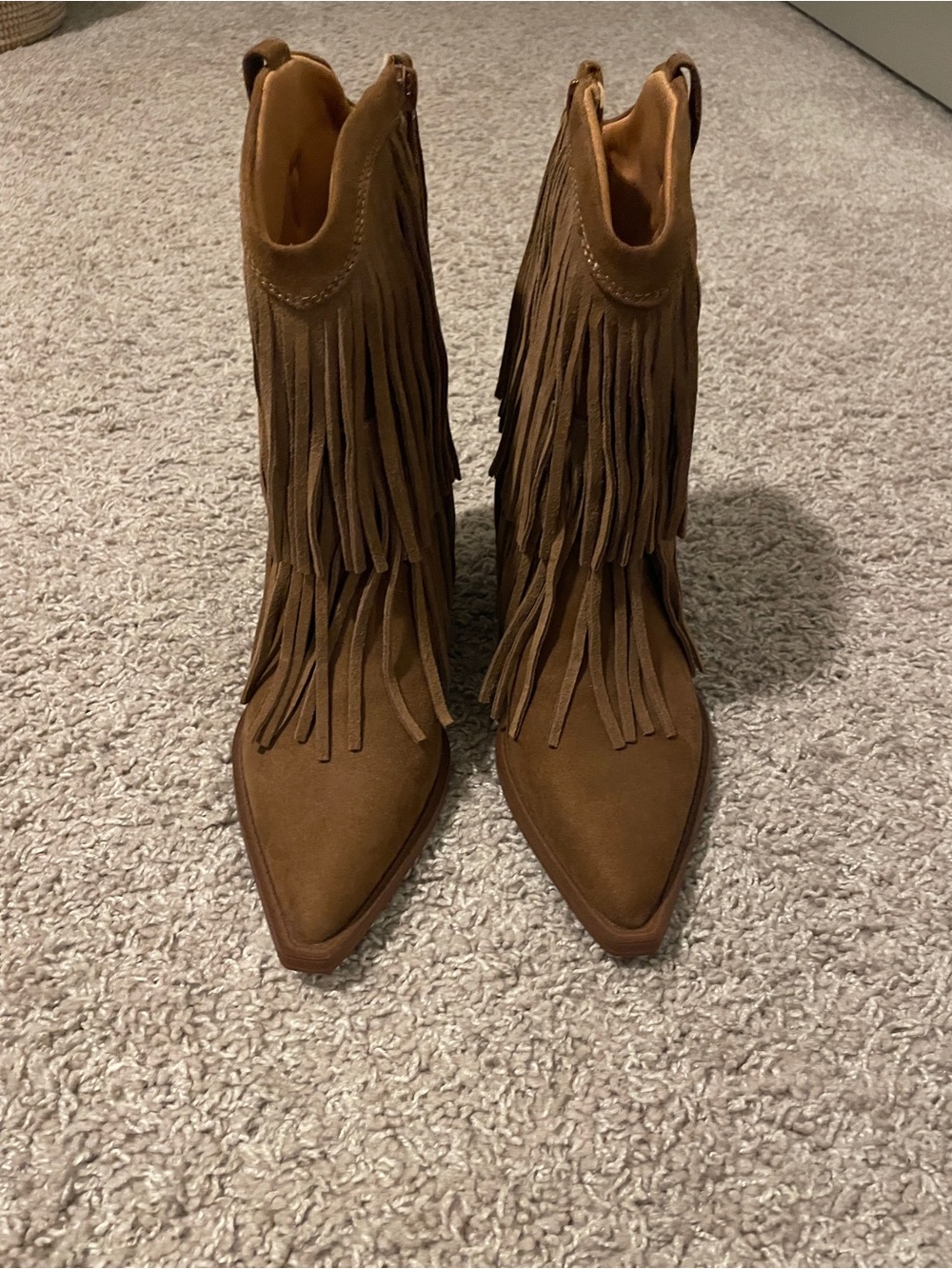 Fringe Suede Pointed-Toe Ankle Boots - Brown